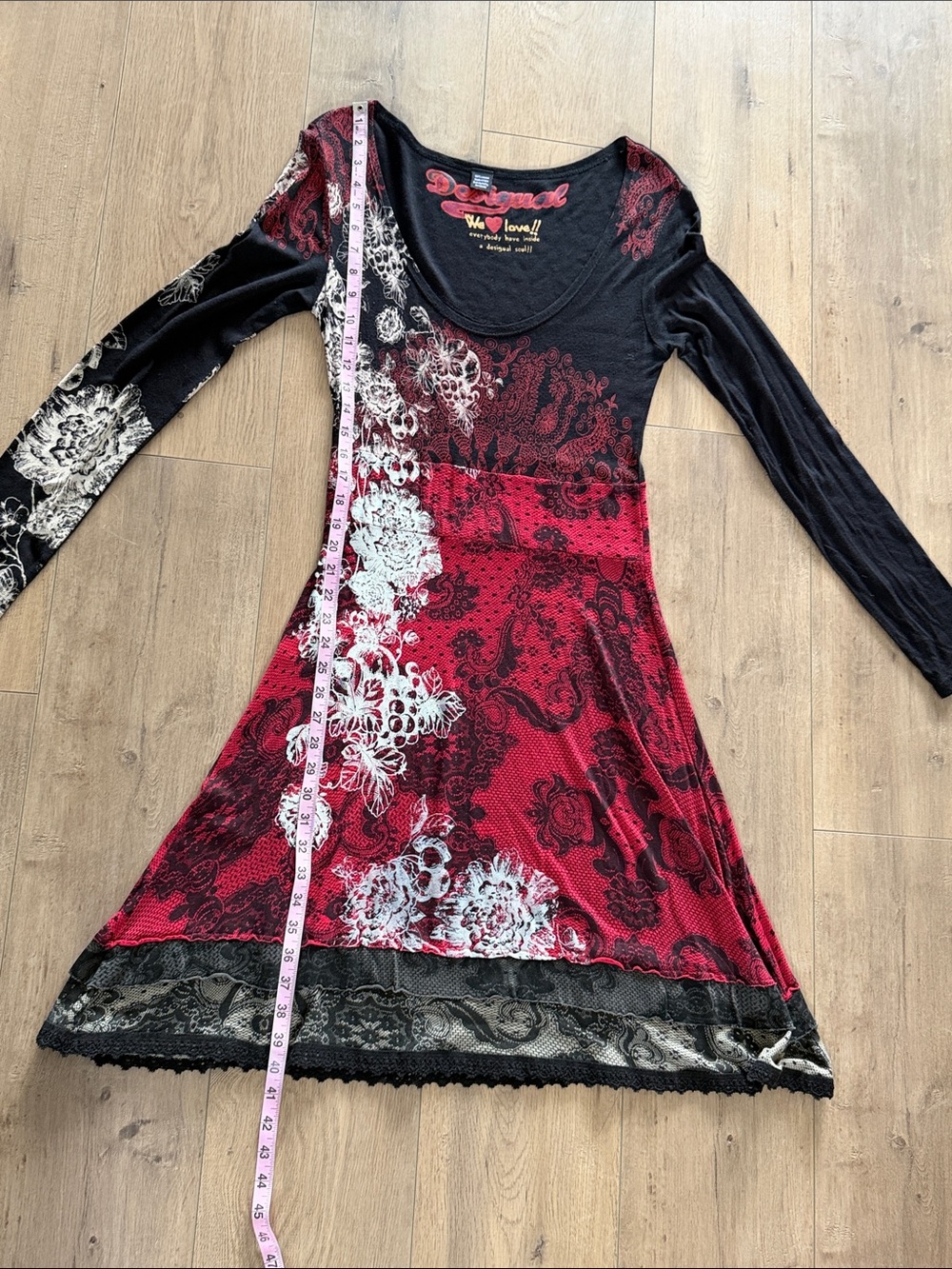 Desigual Lanoria Long Sleeve Midi Dress Size L Black Red Lace Detail Whimsigoth - Picture 14 of 15